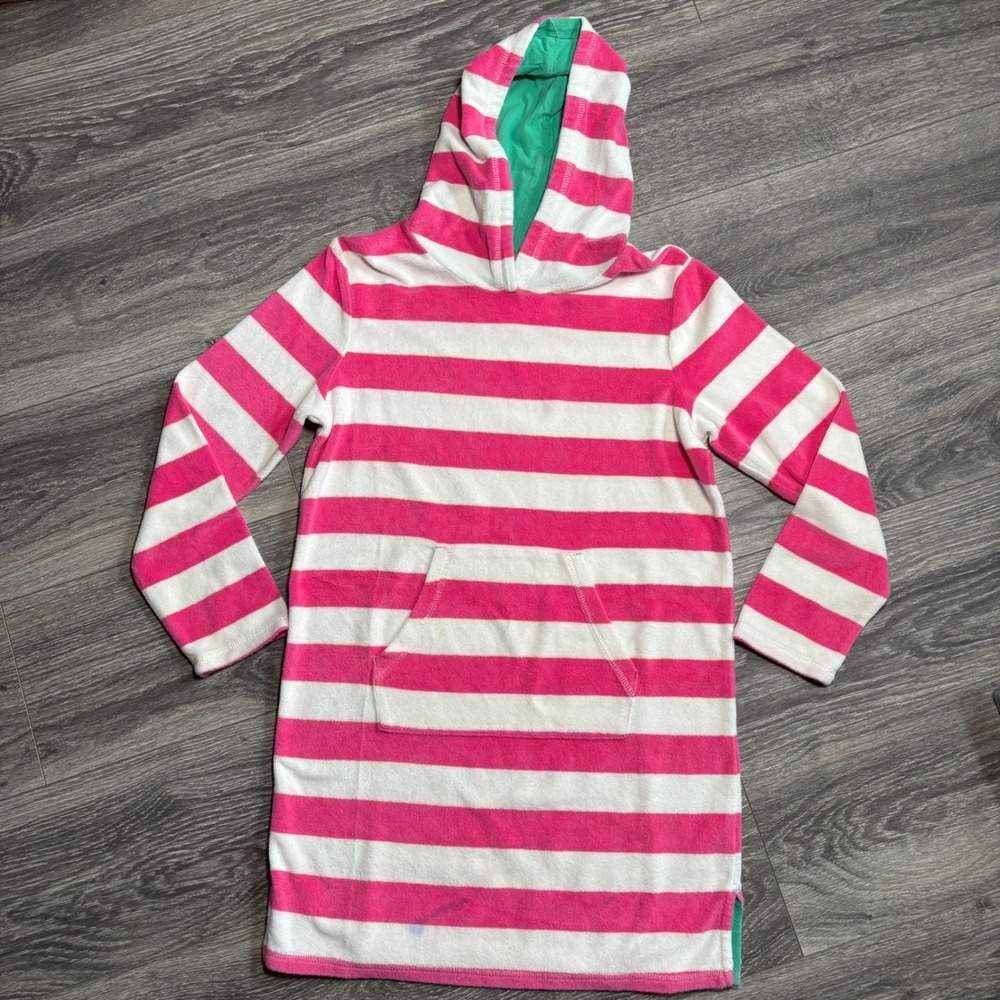 Boden Pink White Striped Terry Hooded Swim 0366 Cover Up Dress Kids 11-12Y